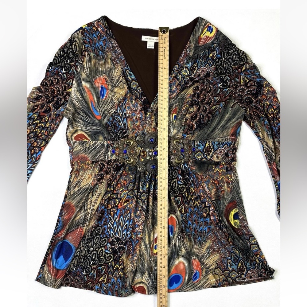 Boston Proper Top Womens Large Jeweled Peacock Print Long Sleeve V-Neck USA Made - Picture 6 of 13